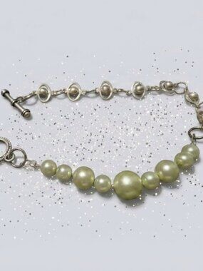 Pale Green Faux Pearl Silver Tone Bracelet Elegant Beaded Statement Jewelry